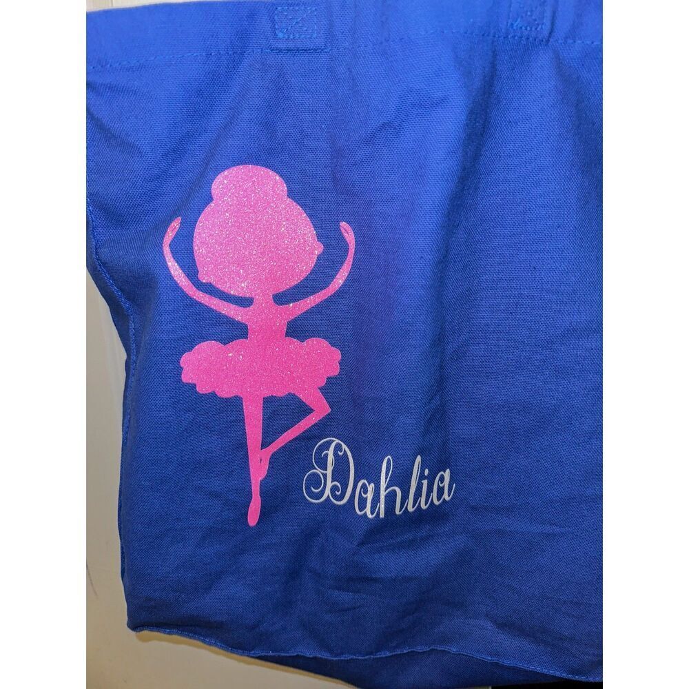 Personalized Little Girl Dahlia Dancer Blue with Pink Ballet Dance Tote Bag